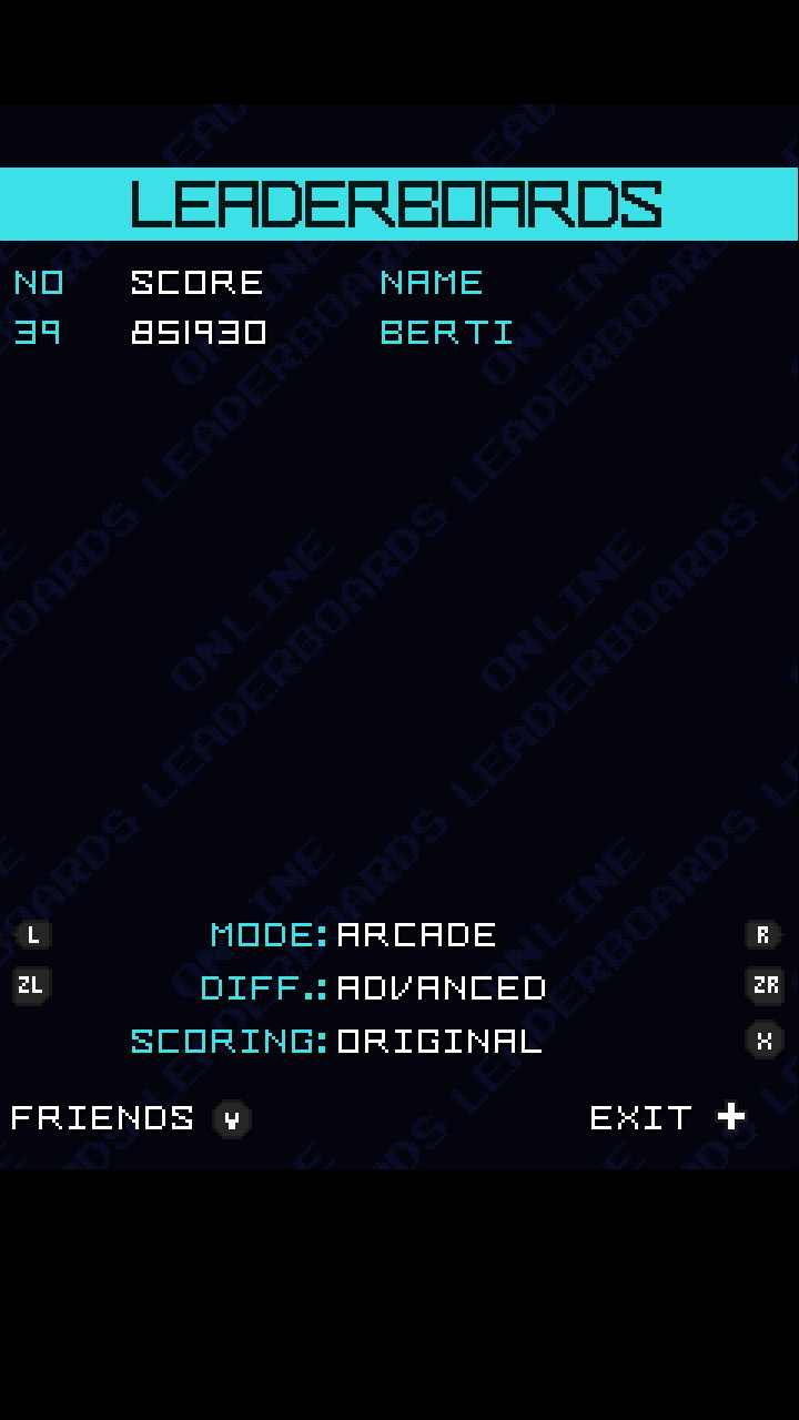 Screenshot: SophStar online leaderboards of Arcade mode on Advanced difficulty with Original scoring, showing Berti at 39th place with a score of 851 930